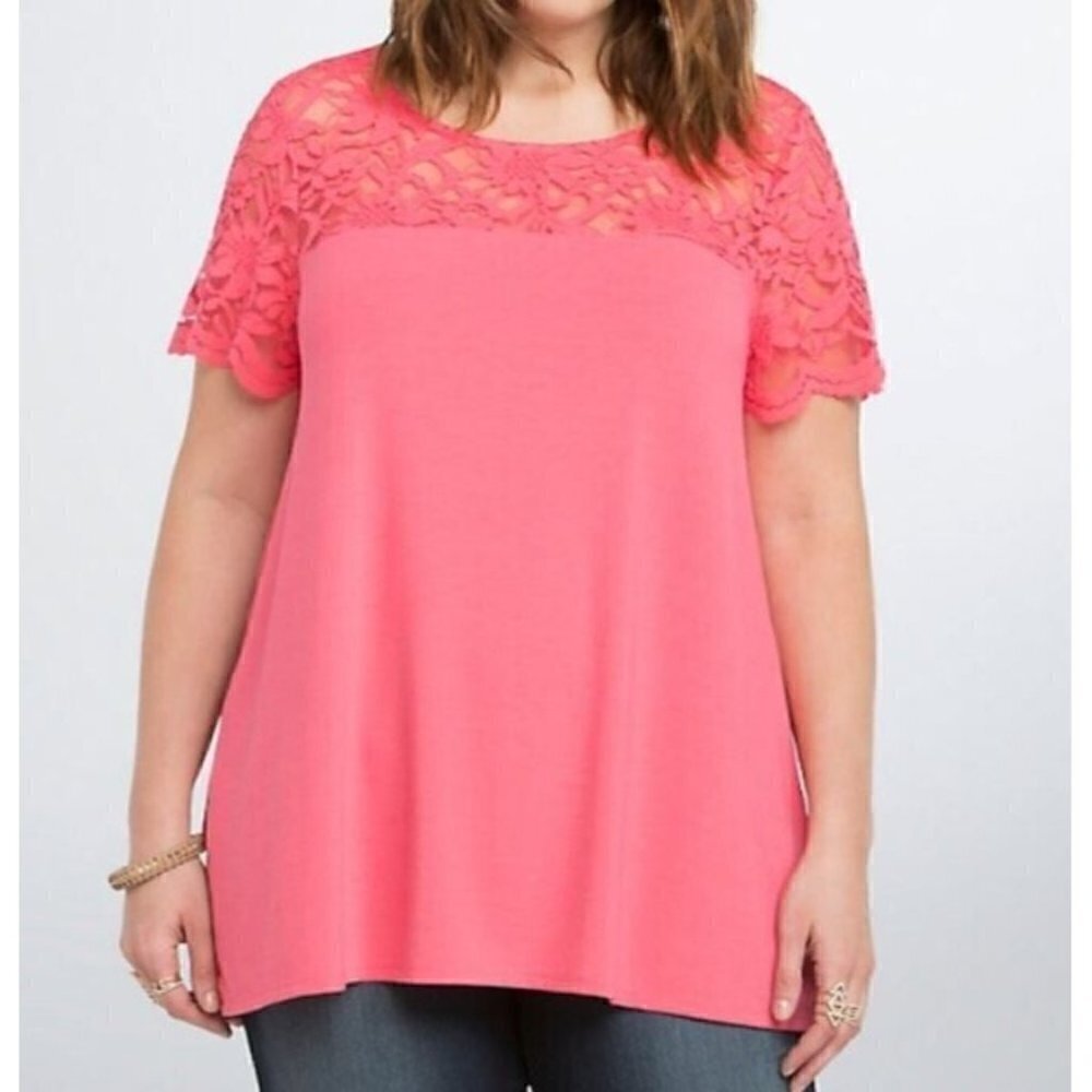 Torrid 4 Womens 4X Lace Inset Top Short Sleeves Georgette Back Pink Boho